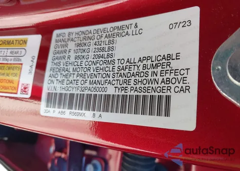 2023 Honda Accord Ex z USA, uszkodzony, nr VIN 1HGCY1F32PA050000